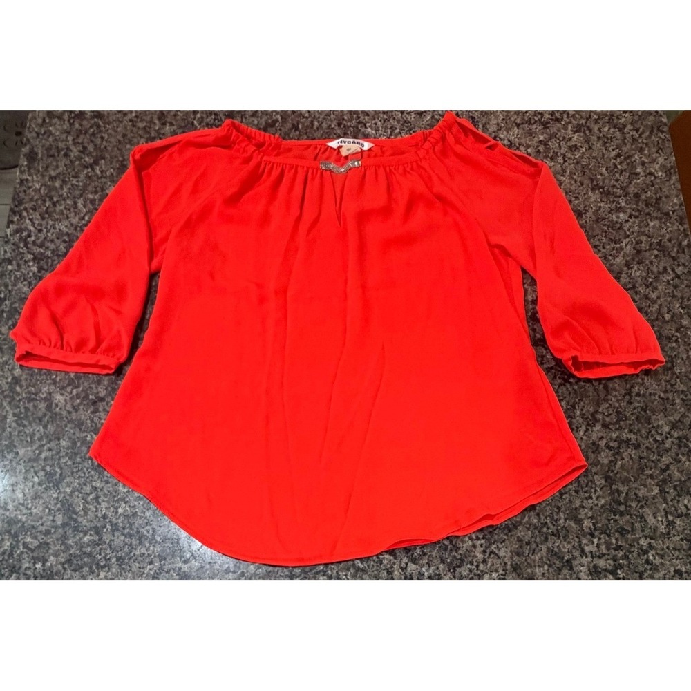 Nygard Womens Red Cold Shoulder Blouse Keyhole Chain Neck 3/4‎ Sleeve Top